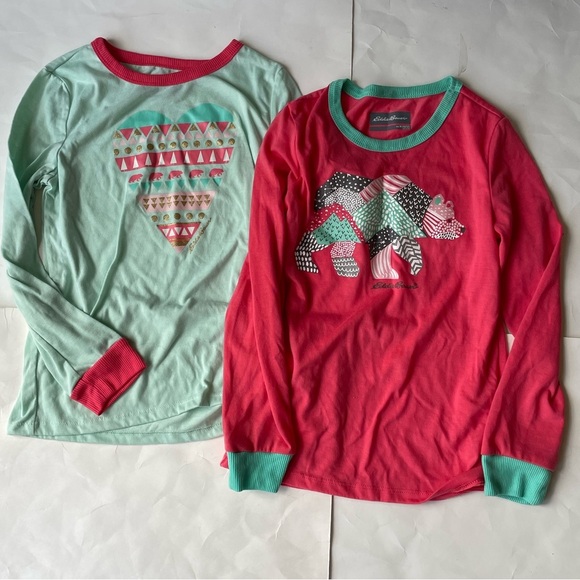 Youth Pajama Tops Set of 2 Eddie Bauer Long Sleeves Bear & Heart Print MEDIUM - Picture 1 of 5
